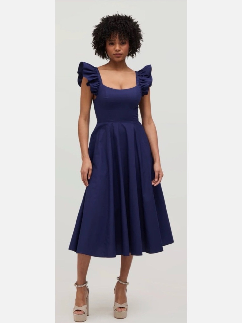 Navy Ruffle-Sleeve Midi Dress